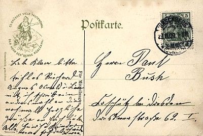 Karta pocztowa z długą linią adresową, dostosowana przez wydawcę do nowych przepisów; obieg: 29.10.1909.